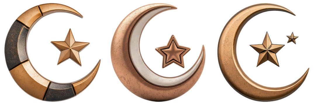 Ramadan fasting devotion concept. Three crescent moons accompanied by stars, featuring intricate designs and varying textures, showcasing a celestial theme.