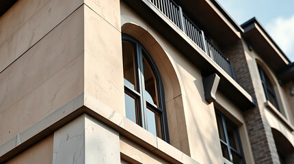 Modern Architectural Design: Luxurious Townhouse Exterior with Stone Facade and Classic Arched Windows