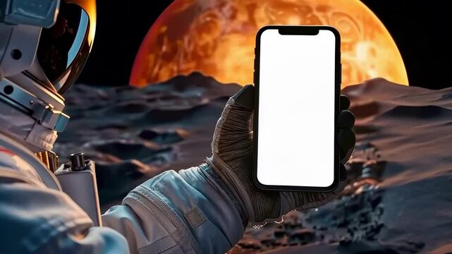 Astronaut Holding Smartphone with Mars in Background
