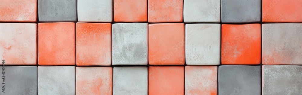 Poster stylish arrangement of coral and gray squares creating a modern artistic expression in a geometric p