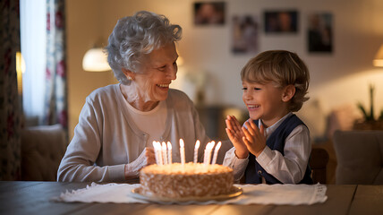 Grandmother and young boy joyfully celebrating a birthday with a beautiful cake and lit candles