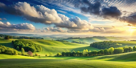 Obraz premium Serene Rolling Hills at Sunset A Pastoral Landscape of Lush Green Fields and Verdant Forests Under a Dramatic Sky