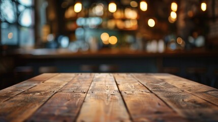 Detailed shot of wooden table top in restaurant with blurred background. Great for advertising cafes and restaurants, as well as for creating a cosy atmosphere in interior design.