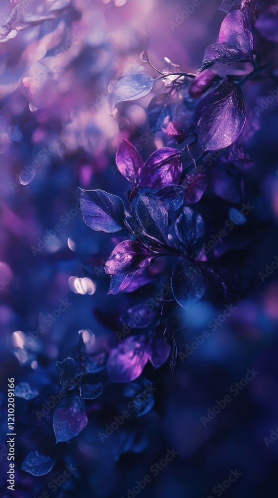 Poster Rich violet and deep indigo foliage creating a serene and vibrant backdrop in a natural setting at twilight