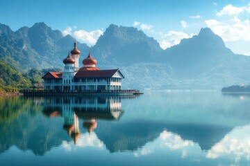 Fototapeta premium Stunning Mosque Lake Reflection Mountain Scenery