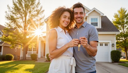 Fototapeta premium Happy couple celebrating new home ownership in golden hour light, real estate joy