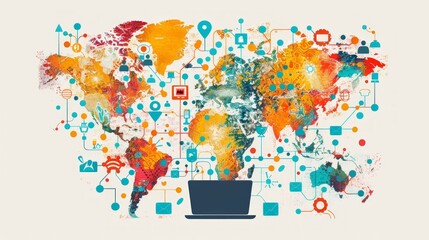 Abstract background with a world map and icons symbolising global connectivity and communication. Ideal for presentations and web design.