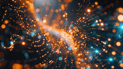 Abstract digital background with glowing orange and blue particles, creating mesmerizing swirl effect. This vibrant design evokes sense of motion and energy