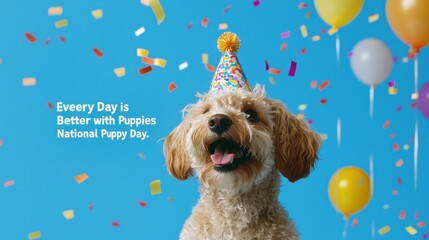 National Puppy Day Happy dog celebrating with balloons and confetti