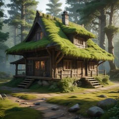 Naklejka premium Ancient wooden house with a moss-covered roof in a forest environment , wooden, rustic, environment