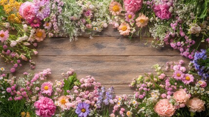 Rustic Wooden Background Decorated with Blooming Pink Purple and White Flowers