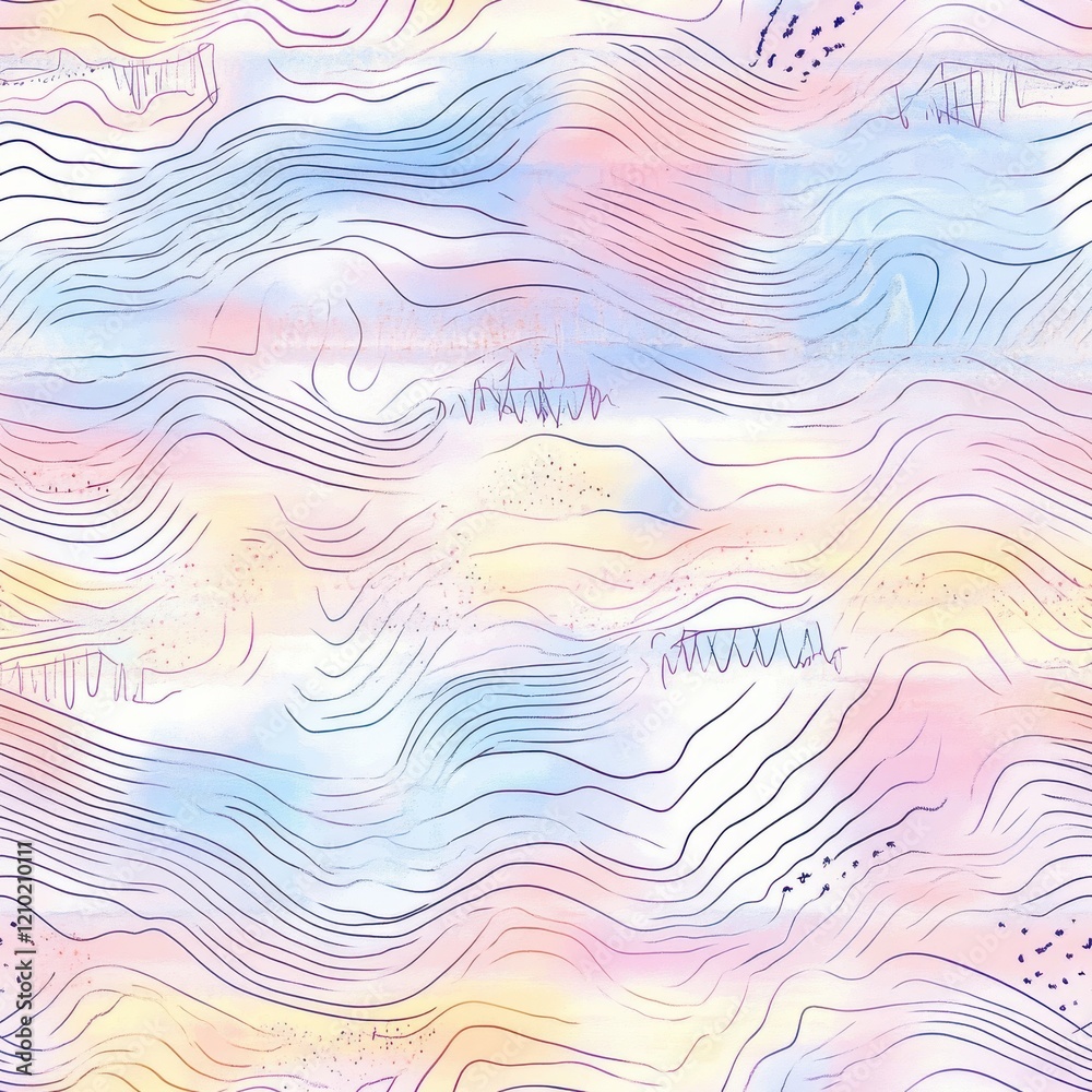 Poster Intricate doodle cartoon drawings with flowing lines and soft colors create an imaginative landscape of waves and patterns