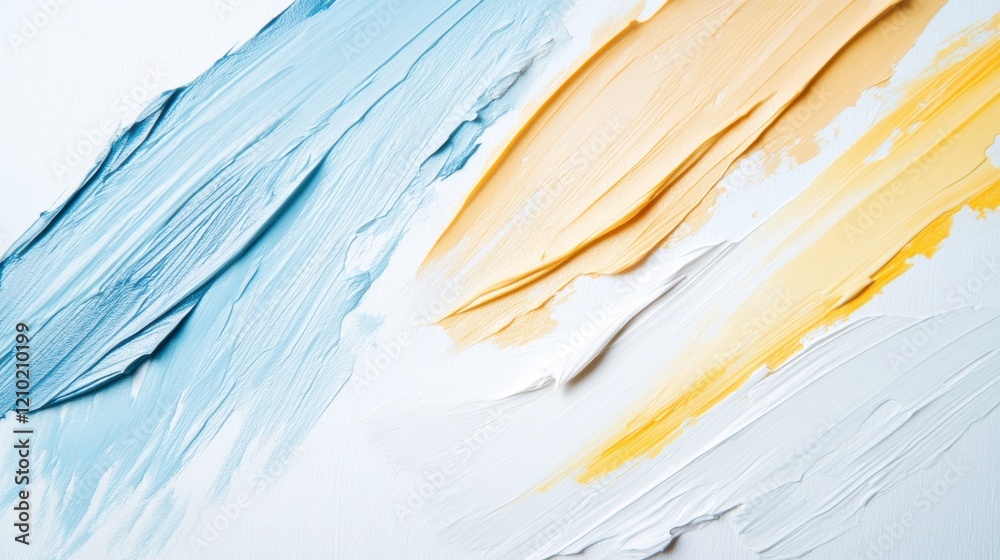Aufkleber abstract composition of textured paint strokes in soft blue and warm yellow hues on a white backgrou