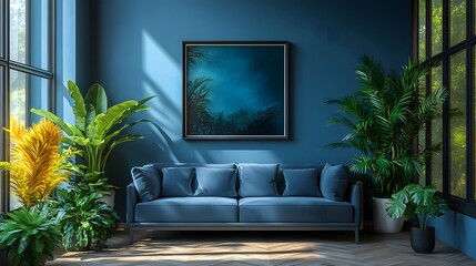 Obraz premium Empty picture frame in a contemporary dark living room with a clean aesthetic, no greenery, realistic 8K resolution,