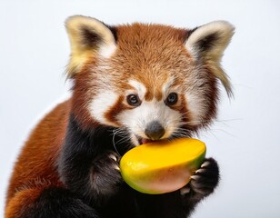 Obraz premium Roter Panda mit Mango – Charmantes Tier mit exotischer Frucht auf weißem Hintergrund