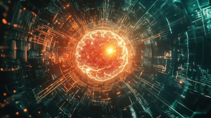 Obraz premium Neural circuit and cybernetic brain in quantum computing system, featuring advanced artificial intelligence, biotechnology, and machine learning elements 