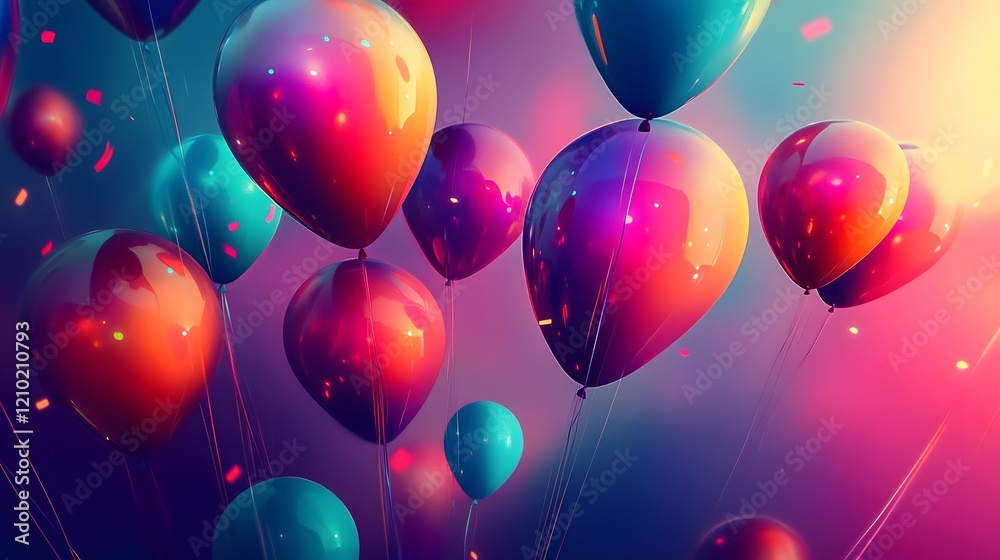 Poster floating balloons in a vibrant and whimsical party setting with cheerful gradients dynamic patterns 
