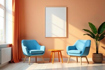 Empty Room Poster Display Peach Walls Blue Chairs Orange Table Daylight