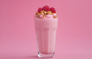 A creamy smoothie with raspberry and granola in a glass on a pink background with copy space