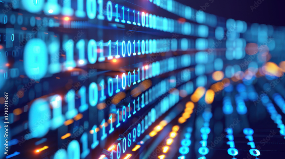Poster digital binary code streams create vibrant, futuristic atmosphere, showcasing technology and data fl