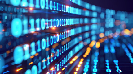 Fototapeta premium Digital binary code streams create vibrant, futuristic atmosphere, showcasing technology and data flow. blue and orange lights enhance visual appeal