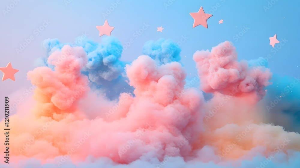 Wall mural imaginative and whimsical pastel clouds and stars with soft fluffy textures create a captivating and
