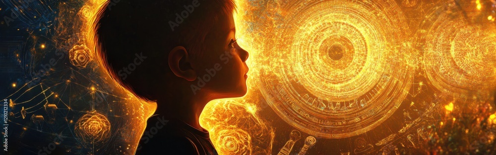 Poster child illuminated by vibrant glowing visuals in a cosmic setting during nighttime exploration