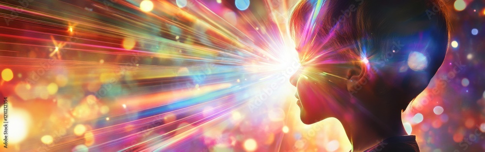 Poster vibrant visualization of a glowing child with radiant colors and light effects in an imaginative set