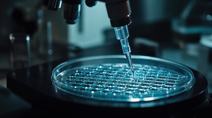 Scientist pipetting liquid sample into micro well plate for biotechnology research in laboratory 