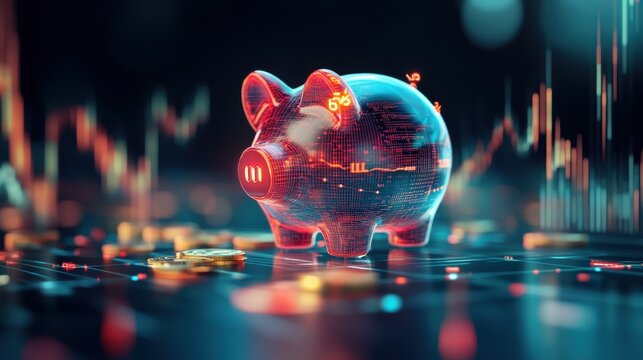 Vibrant piggy bank glowing in a digital financial environment with currency symbols and graphs