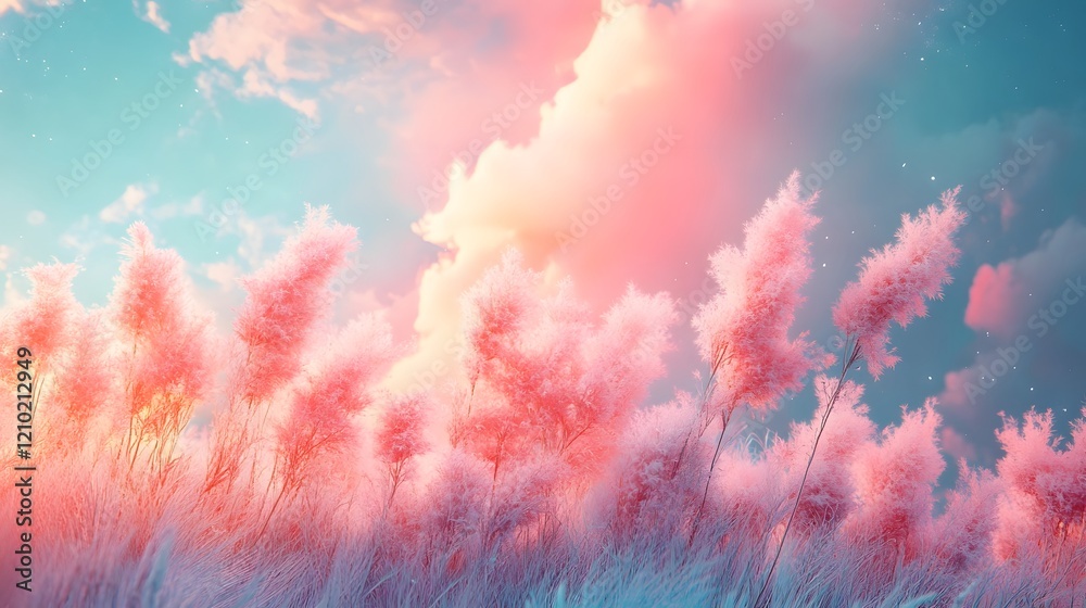 Wall mural mesmerizing pastel gradient landscape with soft fluffy textures and a whimsical fantasy inspired cha