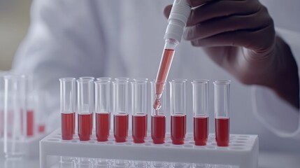 Scientist using pipette to add liquid to multiple transparent test tubes in laboratory setting 