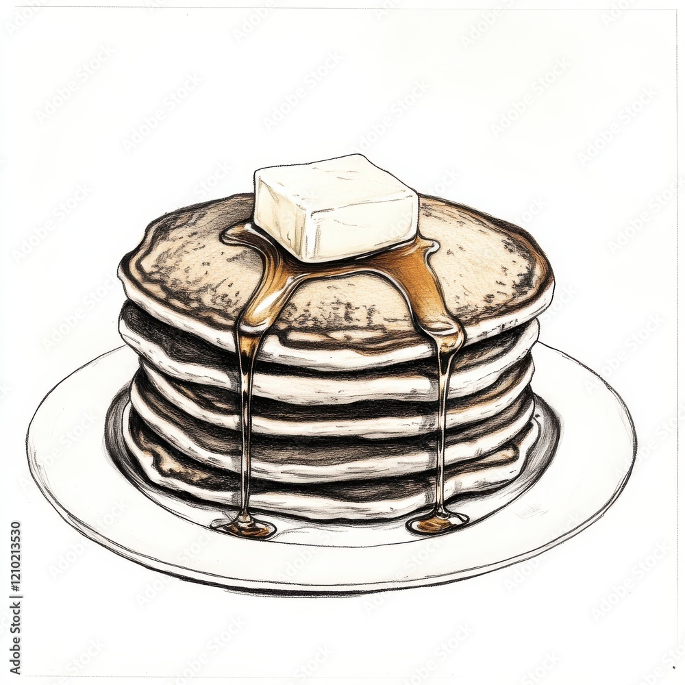 Aufkleber stack of pancakes served on a white plate with melting butter and syrup drizzling over the sides, pe