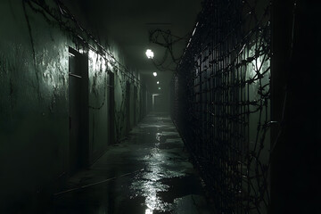 A dark and abandoned prison corridor