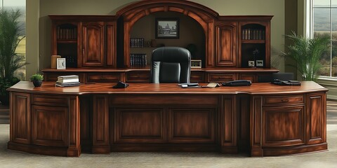 Large, traditional wooden executive desk with hutch and office chair in a spacious room.
