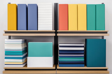 Fototapeta premium Colorful office supplies neatly arranged on wooden shelves