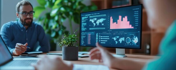 A business meeting focused on data analysis, featuring a person discussing insights from a monitor displaying graphs and world maps.