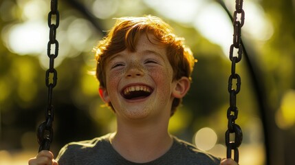 Joyful boy swings in the park during a sunny afternoon