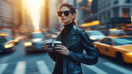 Woman in stylish outfit holds coffee cups in busy city street