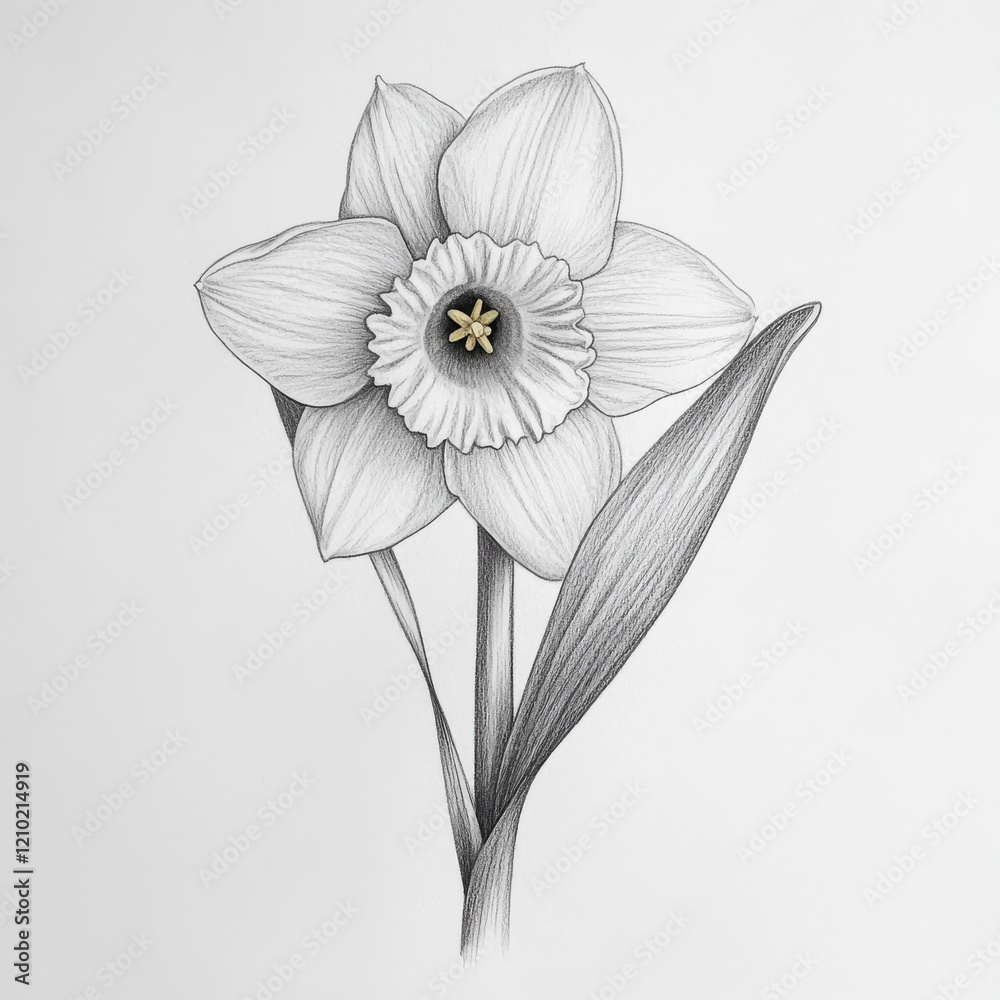 Poster daffodil in full bloom captured in intricate pencil details on smooth paper surface