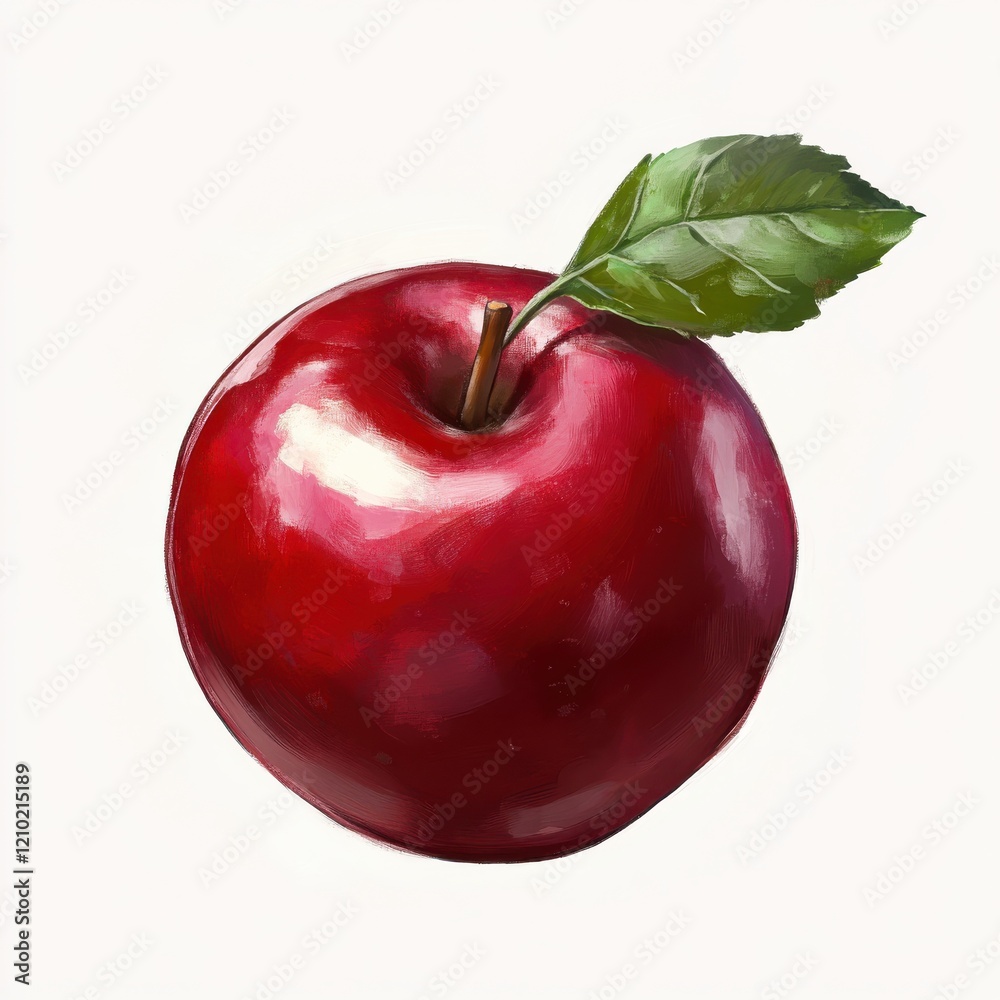 Aufkleber shiny red apple with a vibrant green leaf resting on a smooth surface