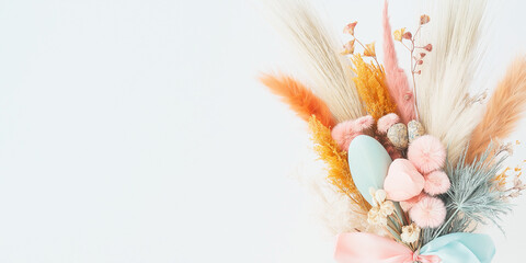 Fototapeta premium Minimalist Easter wreath with pampas grass, dried flowers, and pastel ribbons on a cream backdrop