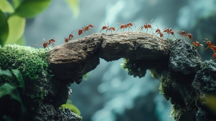 Team of industrious ants collaboratively constructing a sturdy bridge over a natural obstacle in their habitat 