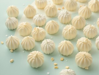 Assortment of white chocolate pralines on a gradient mint green background, flavors, luxury, indulgent, gourmet, sweets