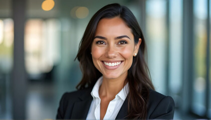Fototapeta premium An image of a professional, well-dressed, Indigenous First Nations businesswoman in a contemporary office. Wearing a business suit, this smiling Native American woman is at work. 