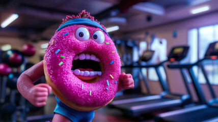 Doughnut working out in gym, humorous and dynamic concept