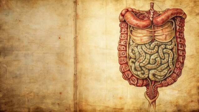 Antique Medical Illustration of Human Digestive System on Aged Parchment