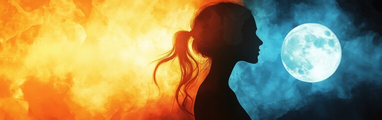 Serene portrait of a woman glowing with the contrasts of fire and moonlight in a mystical setting