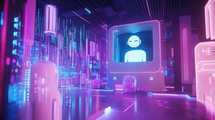 A coworking space where a 3D AI assistant pops out of a shared screen, surrounded by futuristic data visuals.