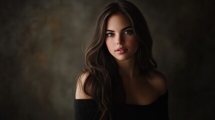 Fototapeta premium Young woman with long hair poses against a dark background